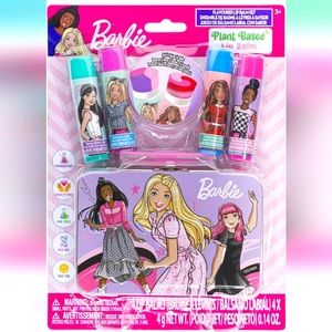 🎀NWT Barbie 5 Piece Set ~ 4 Lip Balms & Collectable Mini Lunch Box/Tin Case